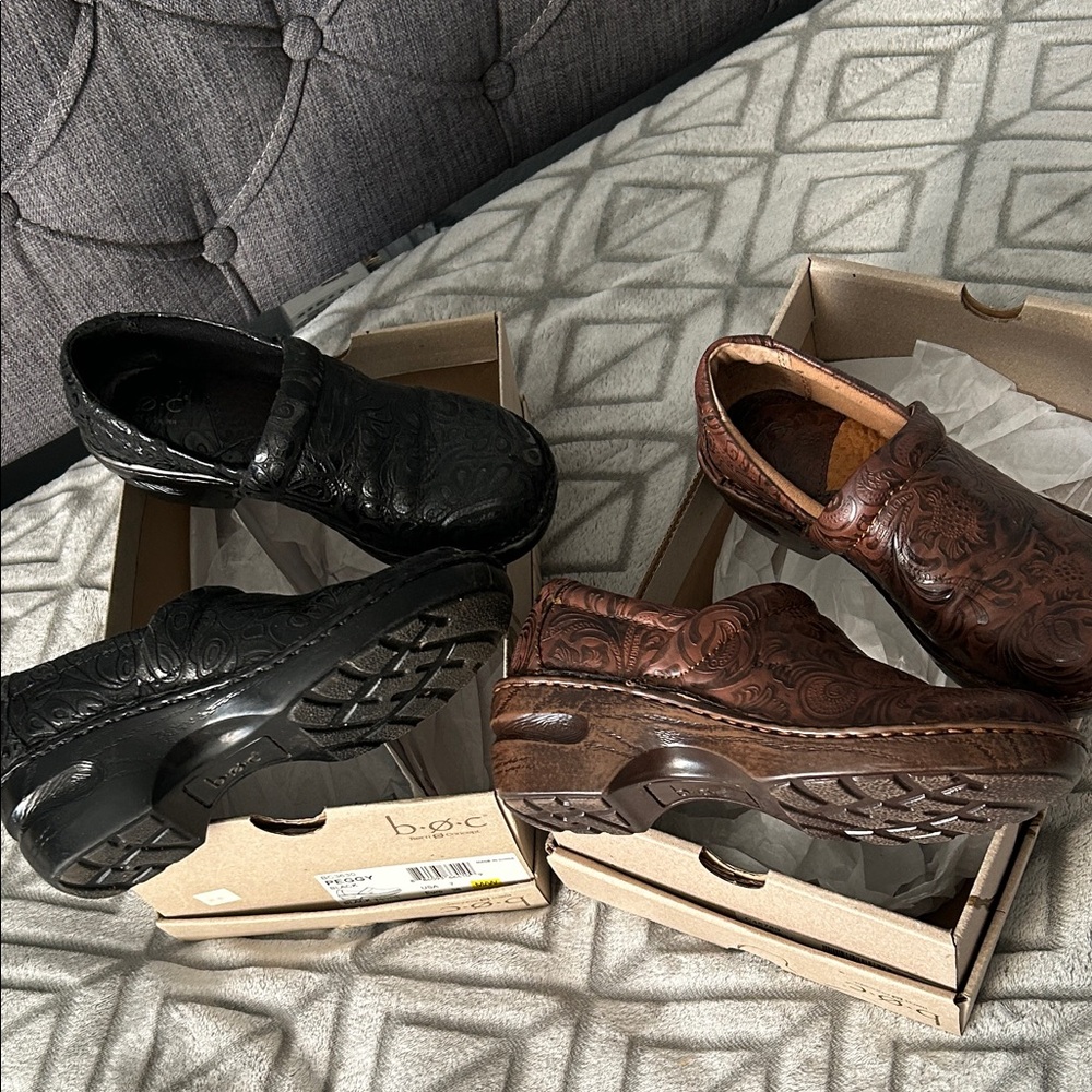 Elegant Embossed Leather Loafers in Black and Brown 2 pair size 7 ladies B O C